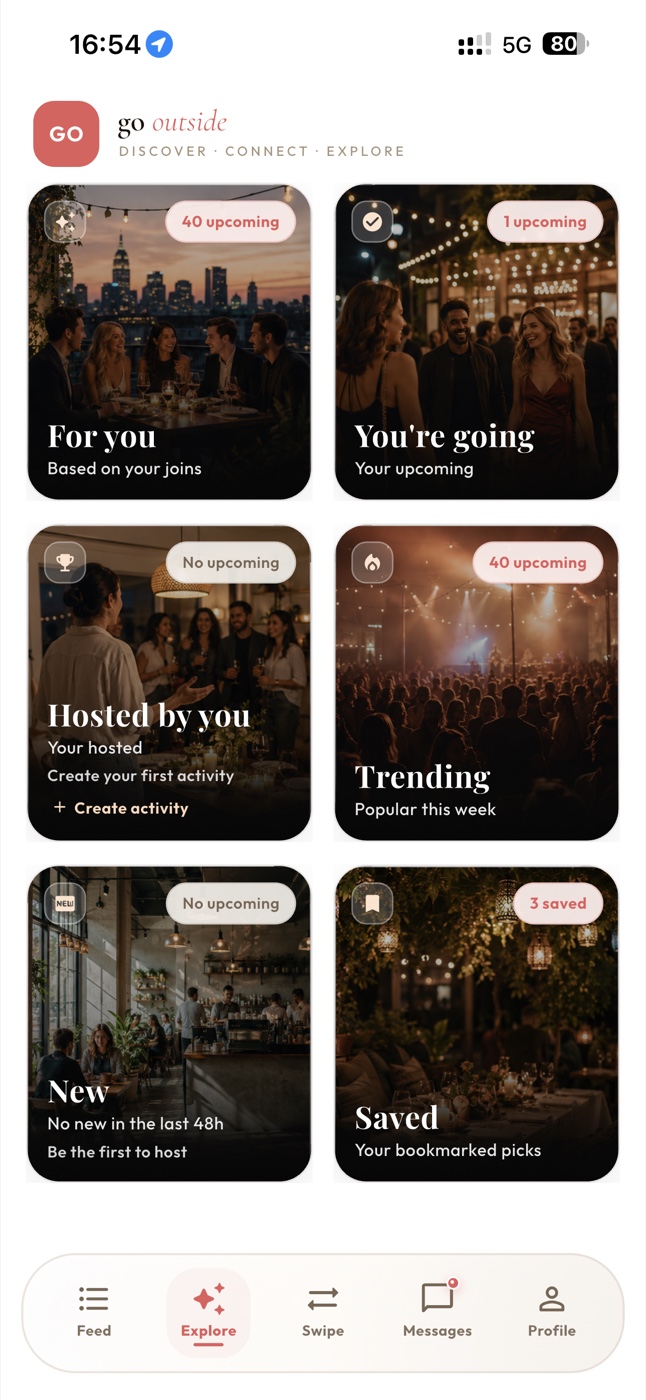 Go Outside Explore screen showing saved, trending, hosted, and upcoming activity collections