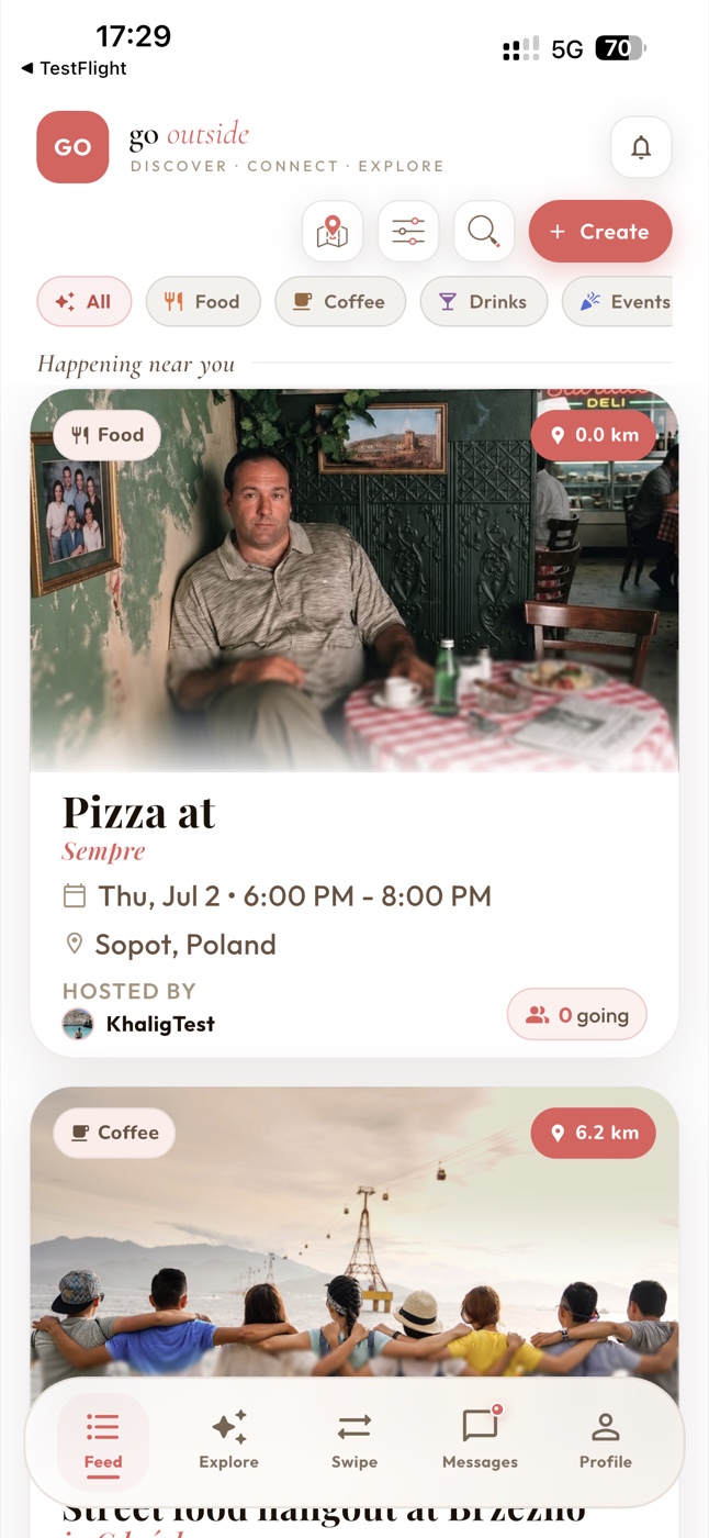 Go Outside Feed screen showing nearby activities and categories