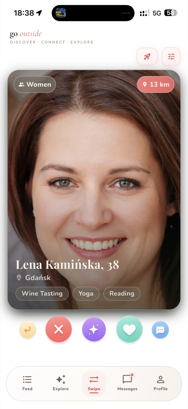 Go Outside Swipe screen showing a profile card with interest tags and action buttons