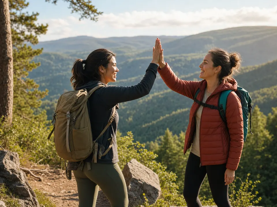 Placeholder image of two hikers high-fiving at a scenic overlook