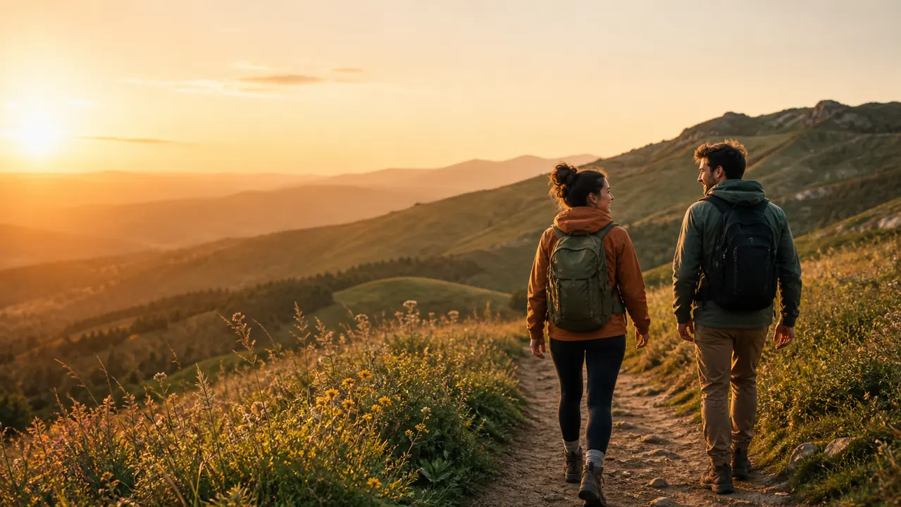 Placeholder image of two adults walking on a sunset mountain trail
